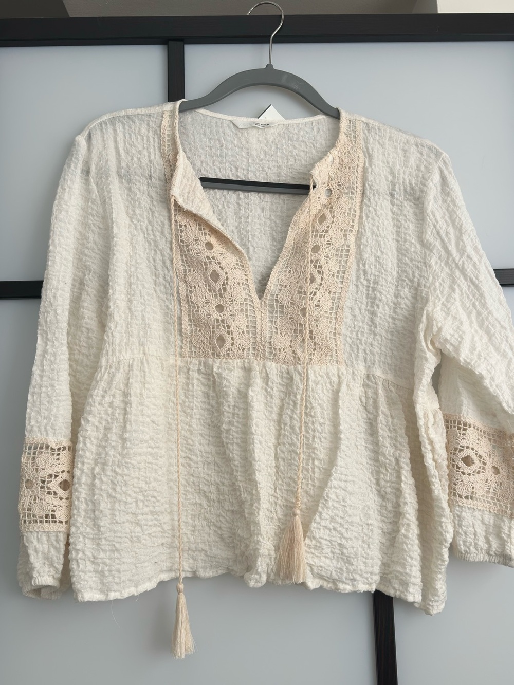 Zara Cream Lace-Trim Peasant Tunic